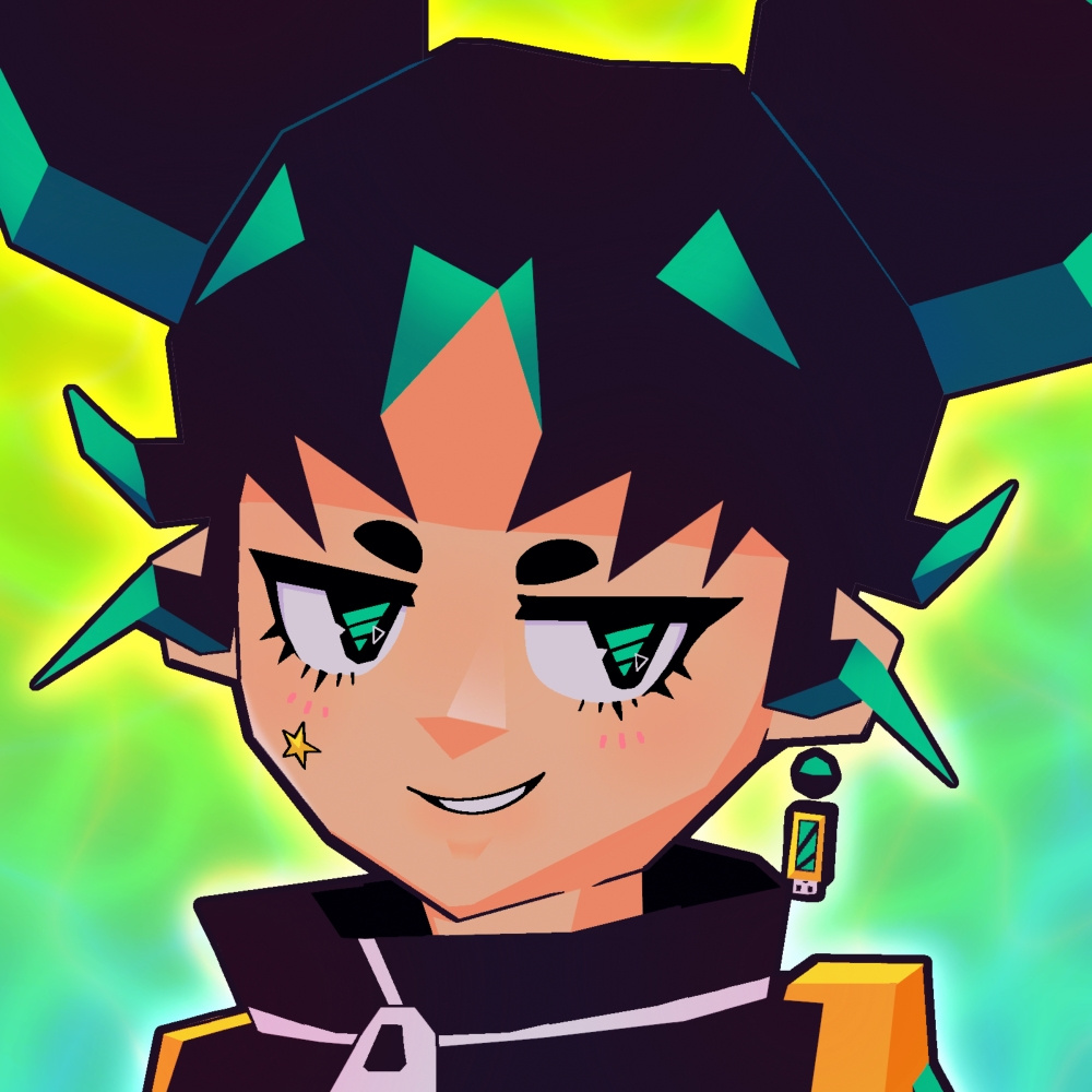 Profile picture of M. Kirin A low-poly vtuber person of indiscriminate gender. They have dark hair, done in space buns, though there's plenty of bangs poking about. They have brown skin, sporting a little yellow star on their right cheek. They have electric-green highlights on their